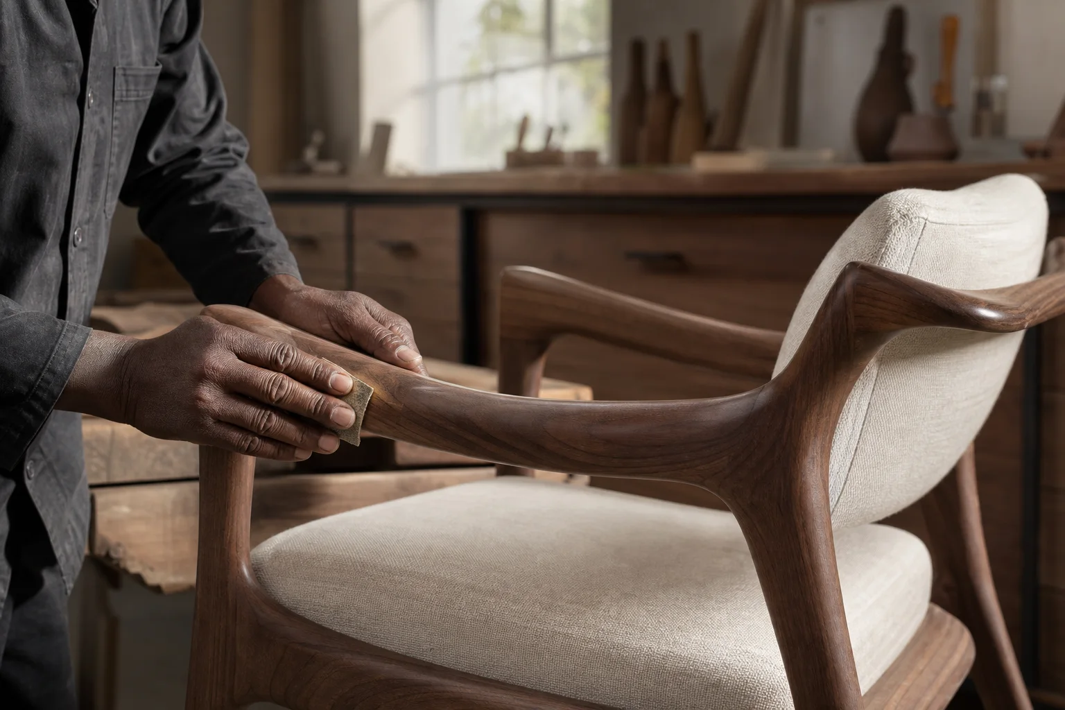 Manca Designs artisan hand-finishing a bespoke walnut chair